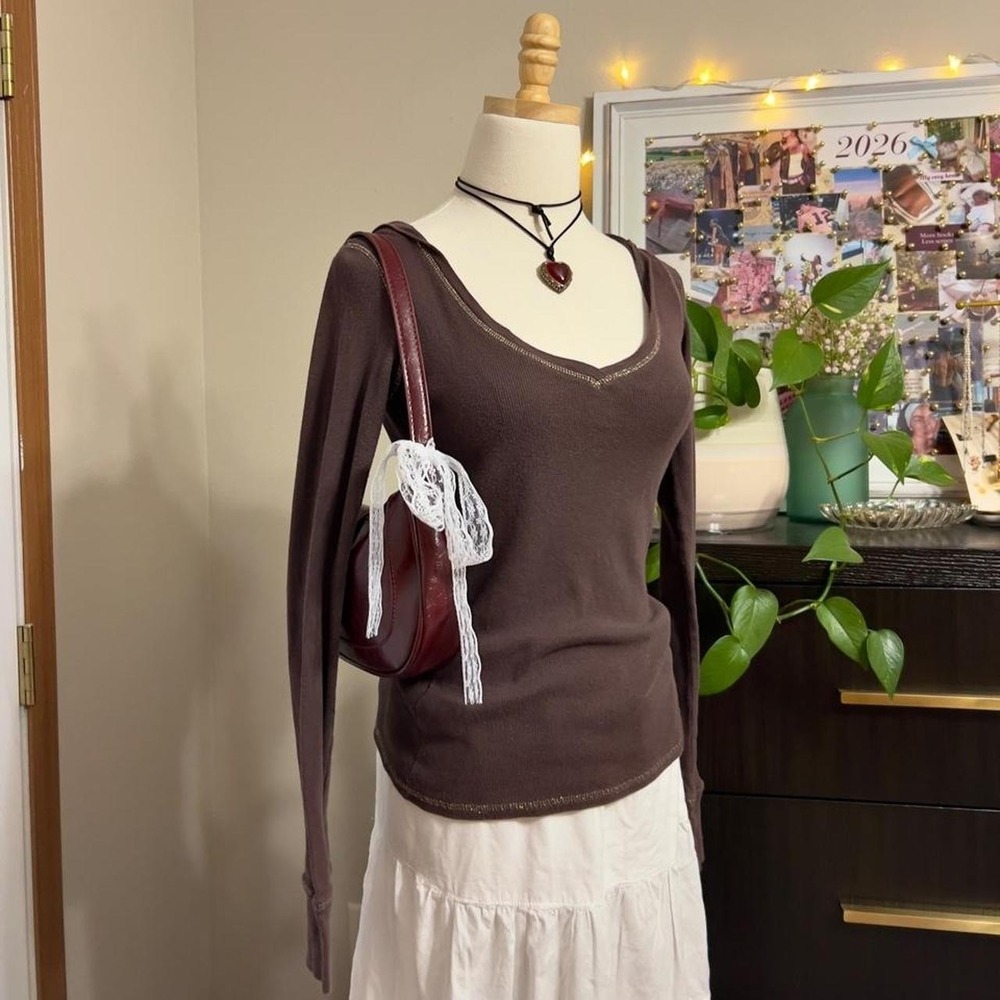 Vintage Y2K Unionbay Brown Hooded Long Sleeve Shirt Plunge Preppy Grunge